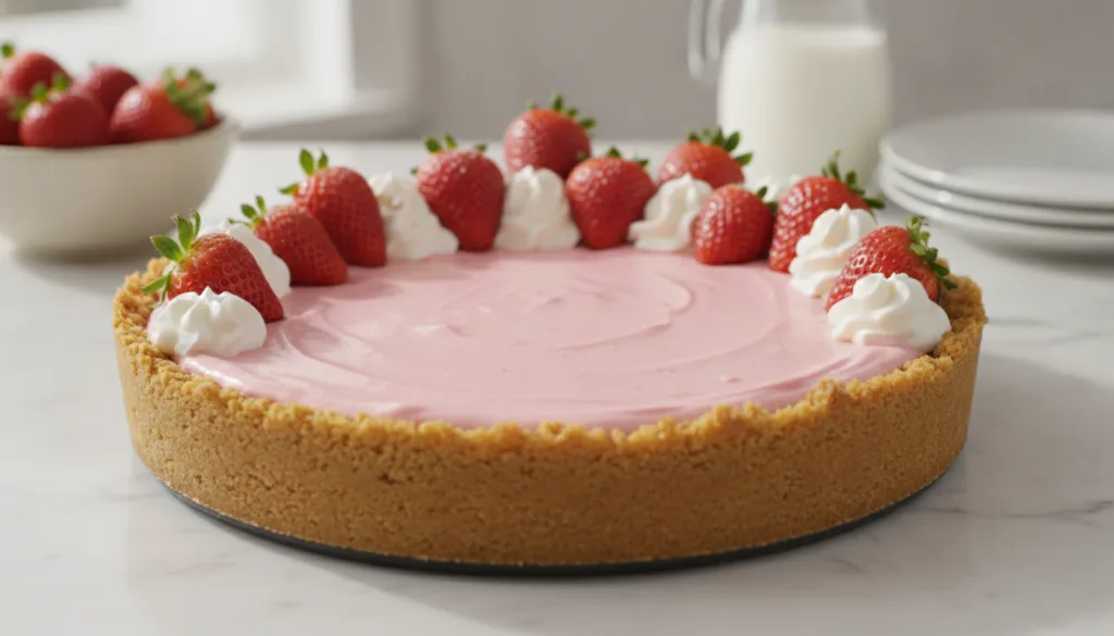 A vibrant Strawberry Cream No-Bake Pie garnished with fresh whole strawberries and whipped cream showing its pink creamy