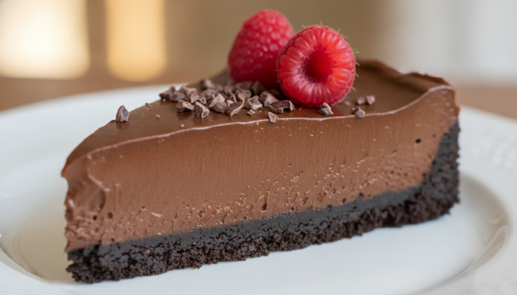 A slice of rich Chocolate Avocado No-Bake Pie on a plate showing its dark smooth filling and chocolate cookie crust garn