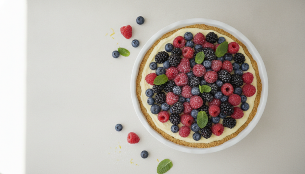A beautiful Lemon Berry No-Bake Pie with a light yellow filling topped generously with mixed fresh berries like blueberr