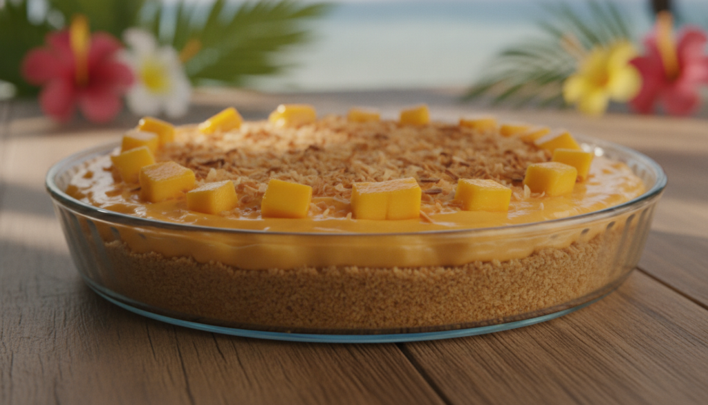 A vibrant Mango Coconut No-Bake Pie featuring a smooth bright orange mango filling topped with toasted coconut flakes an