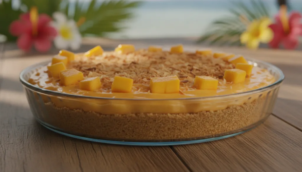 A vibrant Mango Coconut No-Bake Pie featuring a smooth bright orange mango filling topped with toasted coconut flakes an