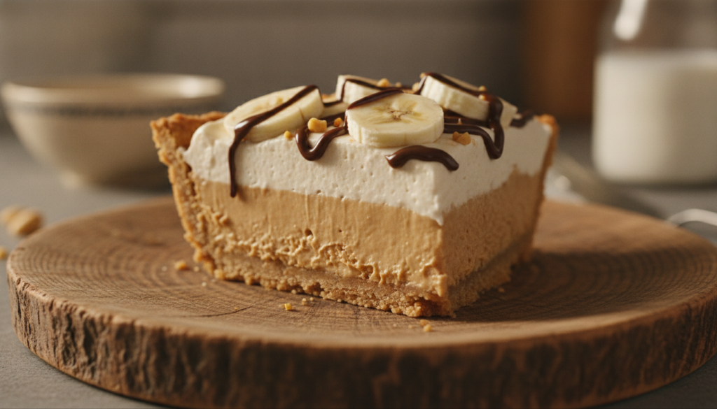 A slice of Peanut Butter Banana No-Bake Pie on a dessert plate showing thick layers of peanut butter and banana cream wi