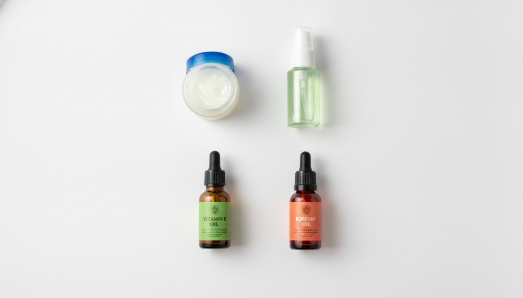 The four ingredients for the Vaseline Glow Gel displayed neatly a small jar of Vaseline a bottle of aloe vera gel a smal