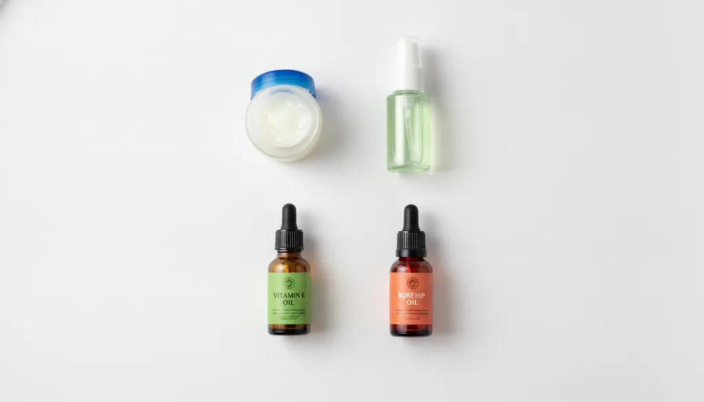 The four ingredients for the Vaseline Glow Gel displayed neatly a small jar of Vaseline a bottle of aloe vera gel a smal