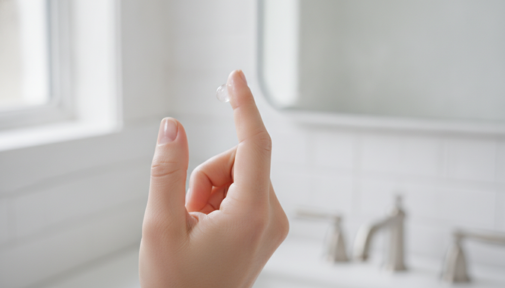 A woman s hand gently applying the Vaseline Glow Gel to her cheek showing the smooth texture of the gel and the glowing 