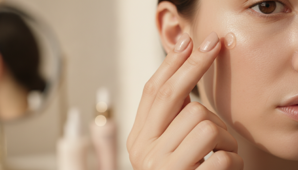 A hand gently applying a small amount of the Vaseline glow gel to a cheek showing the smooth texture and a subtle sheen 