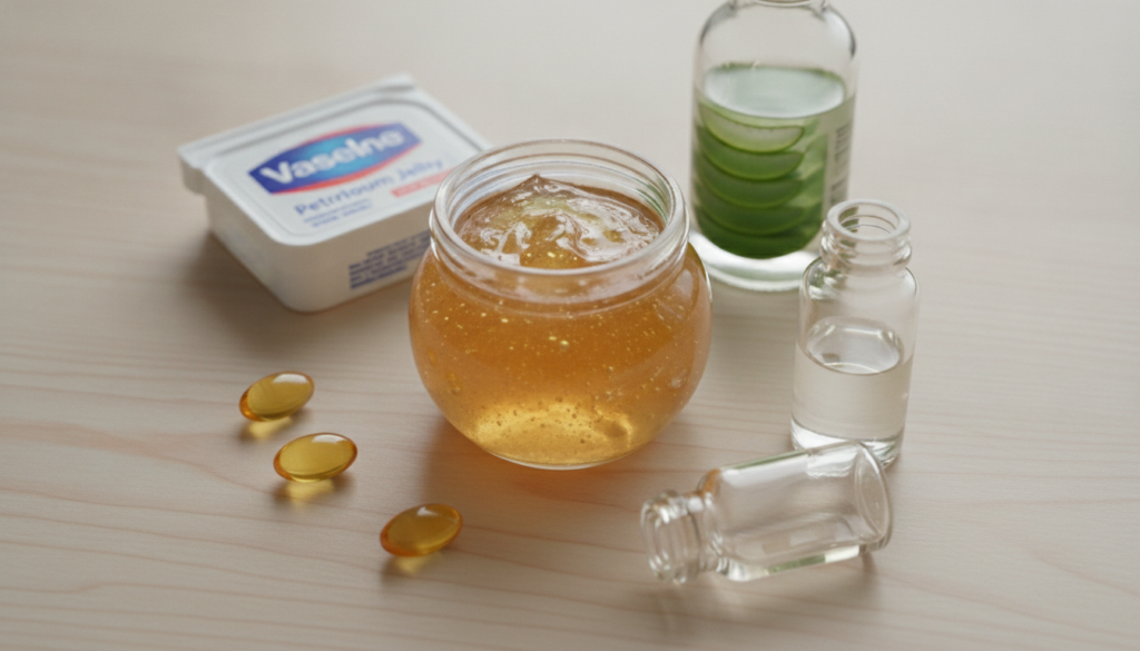 Close-up shot of a small glass jar filled with the freshly made Vaseline glow gel showing its smooth slightly translucen