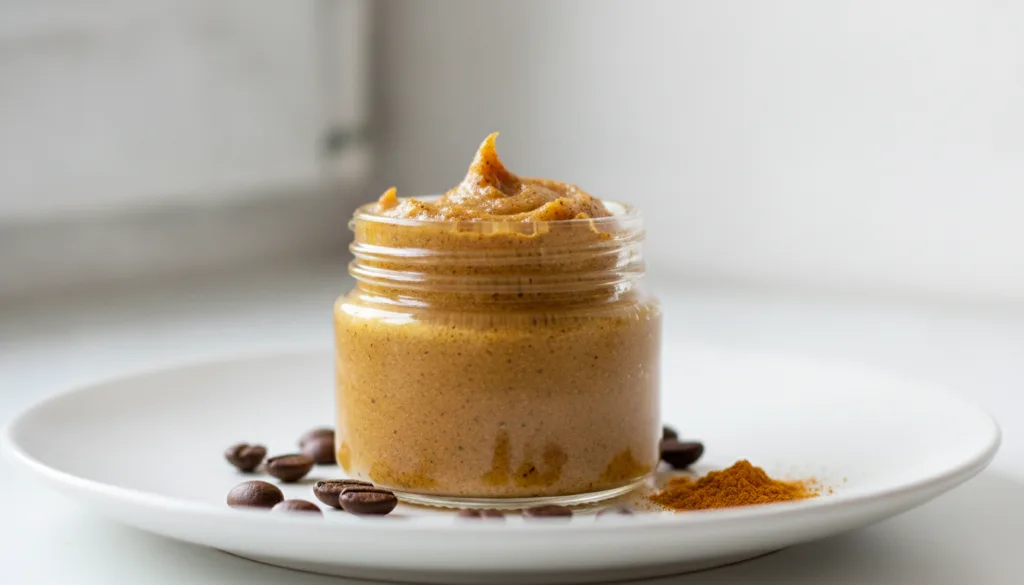 A close-up shot of a small glass jar containing the homemade Vaseline turmeric and coffee blend ready for application