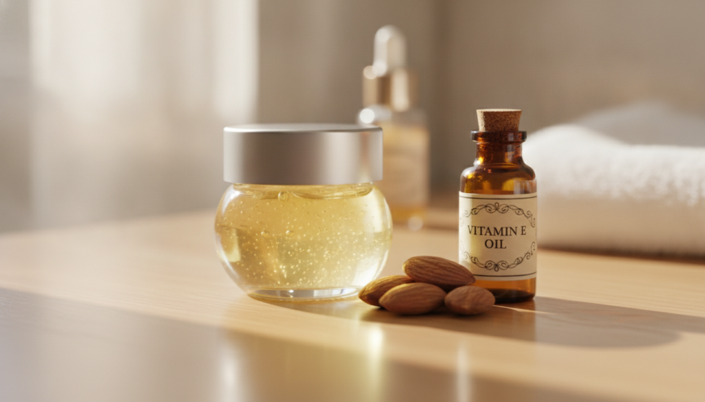A small clean glass jar filled with the finished Vaseline Glow Gel placed on a vanity with soft lighting next to a few a