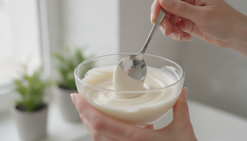 Close-up of hands mixing Vaseline almond oil vitamin E oil and aloe vera gel in a small glass bowl with a spoon creating