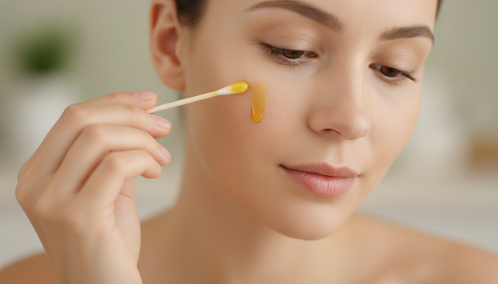 A woman gently applying a golden oil blend to a small dark spot on her cheek with a cotton swab showing focused careful 