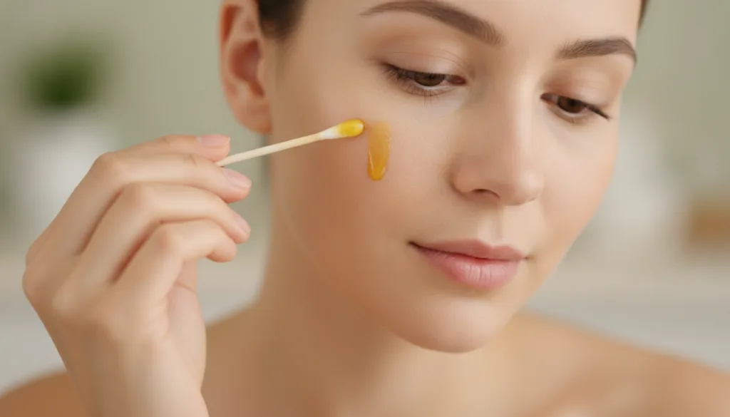 A woman gently applying a golden oil blend to a small dark spot on her cheek with a cotton swab showing focused careful 