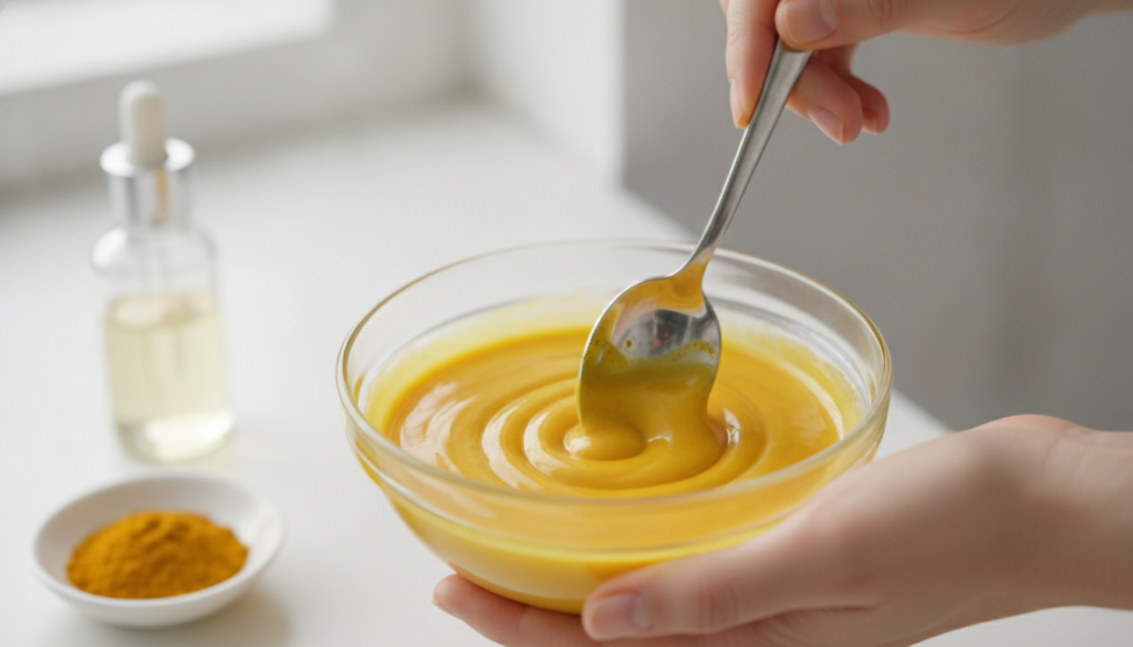 Hands mixing yellow turmeric powder and clear baby oil in a small glass bowl with a spoon creating a smooth golden liqui