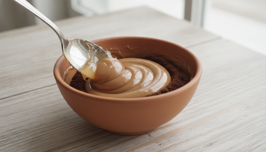 Close-up of a small bowl containing ground coffee and petroleum jelly being mixed into a paste with a spoon
