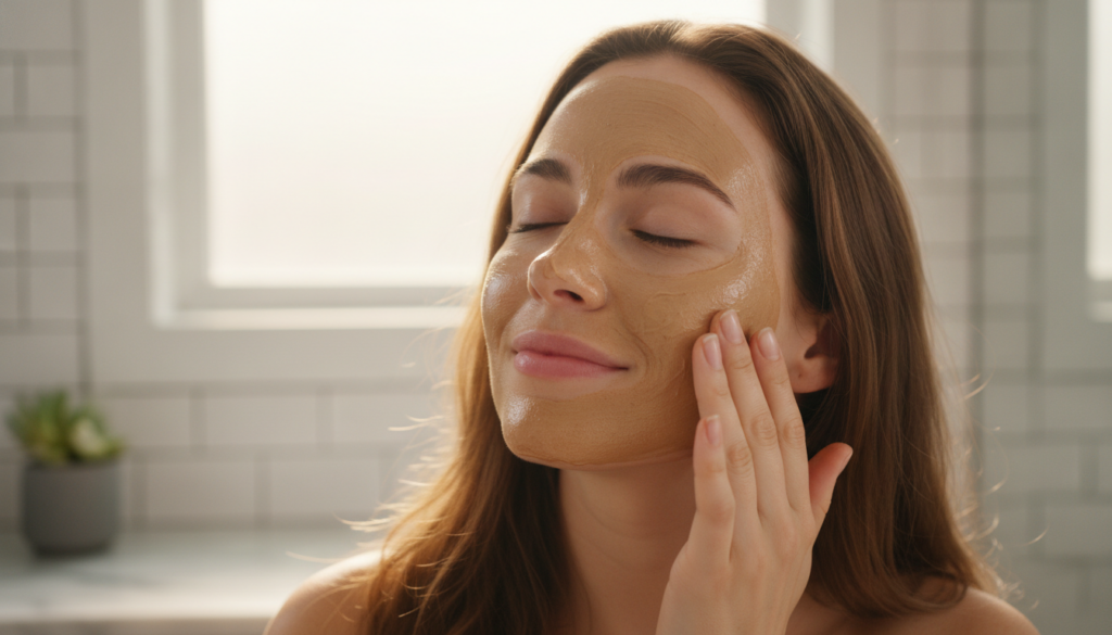 A woman gently applying the coffee and Vaseline mask to her face with a focus on the smooth application and the texture 
