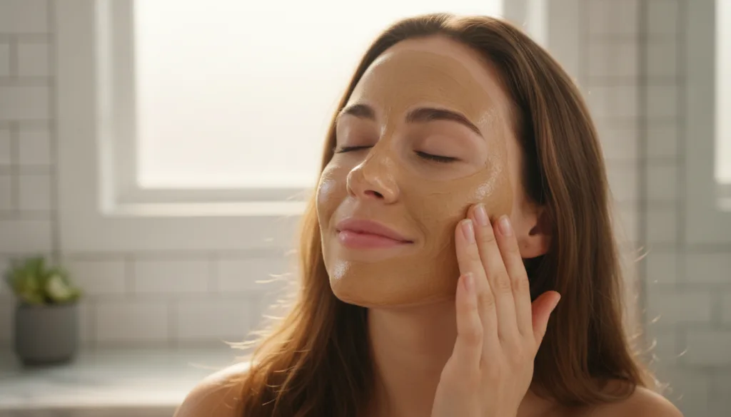 A woman gently applying the coffee and Vaseline mask to her face with a focus on the smooth application and the texture 
