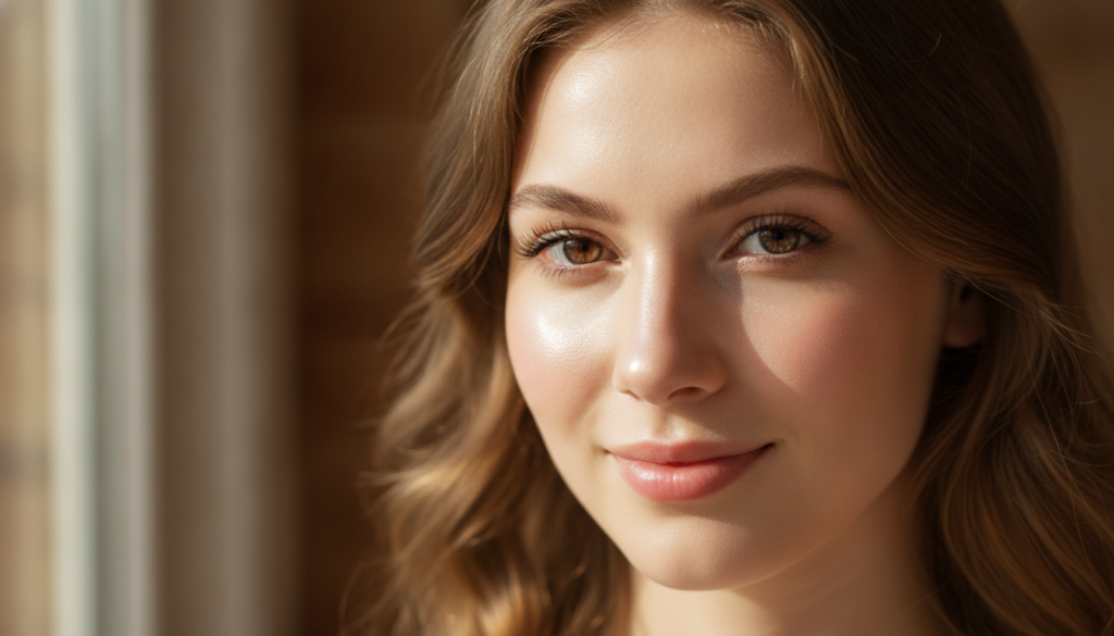 A woman with a naturally radiant and glowing complexion looking fresh and youthful after a beauty treatment