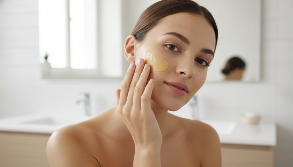 A woman gently applying the homemade Vaseline turmeric and coffee balm to her face focusing on areas like cheeks and for