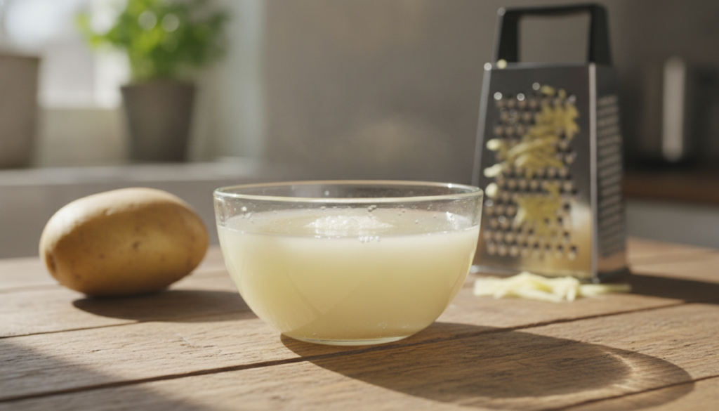 A close-up of a small bowl filled with freshly extracted potato juice with a potato and a grater visible in the soft bac
