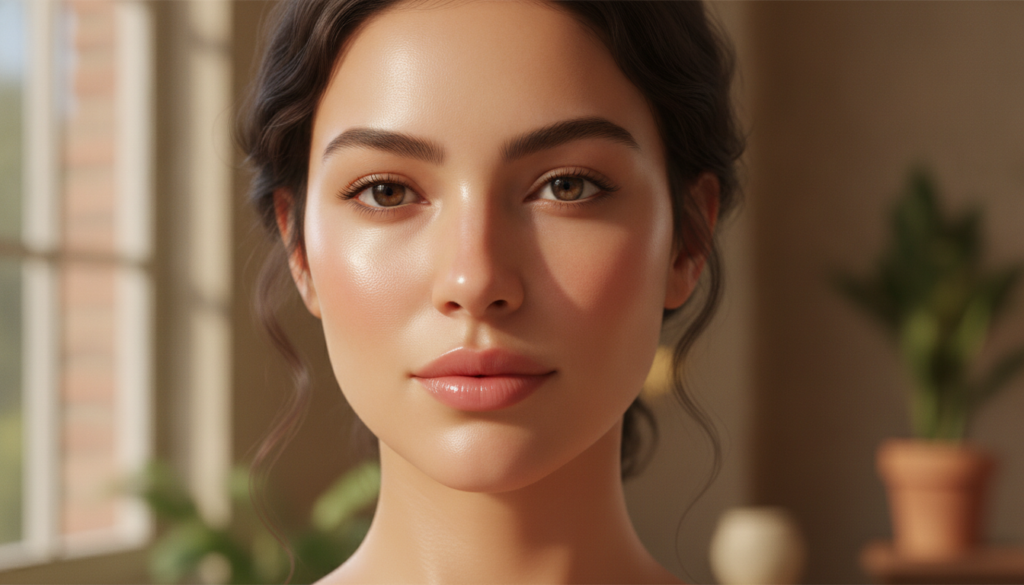 Close-up of a woman s radiant even-toned skin after using a natural face mask looking fresh and glowing