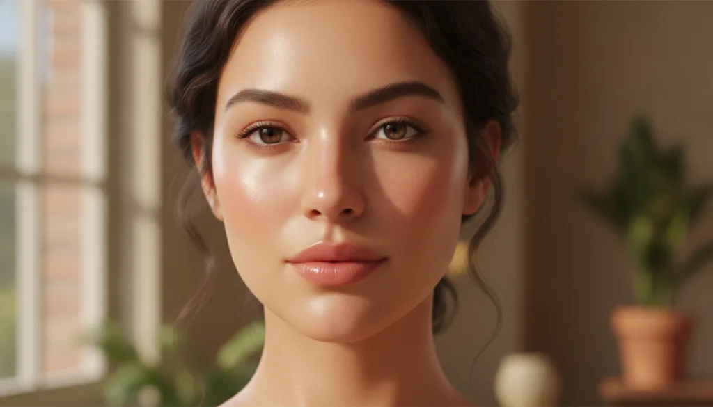 Close-up of a woman s radiant even-toned skin after using a natural face mask looking fresh and glowing