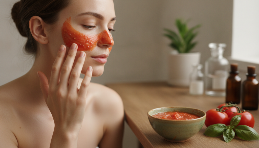 A woman applying a tomato face mask to her clean face with a small bowl of the mask mixture beside her