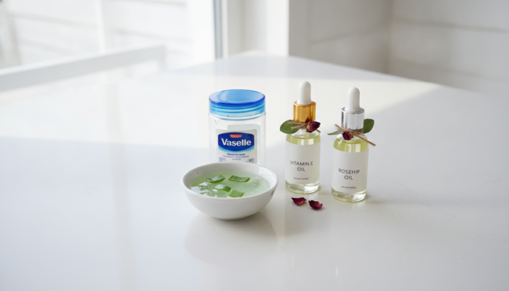 Various ingredients for the glow gel laid out on a clean surface a jar of Vaseline a container of aloe vera gel a small 