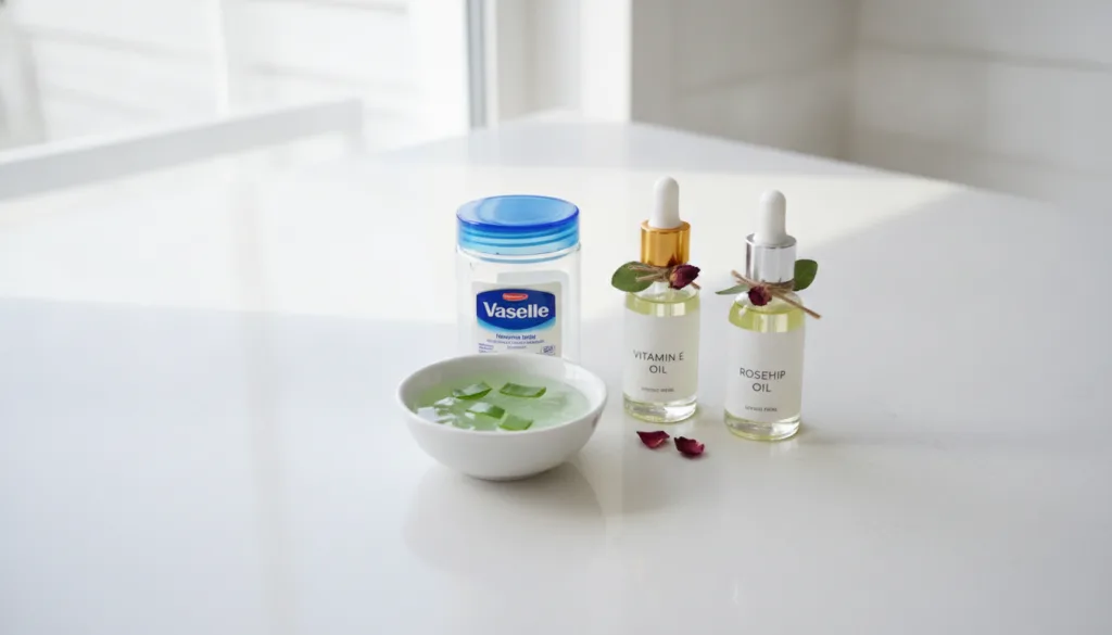 Various ingredients for the glow gel laid out on a clean surface a jar of Vaseline a container of aloe vera gel a small 