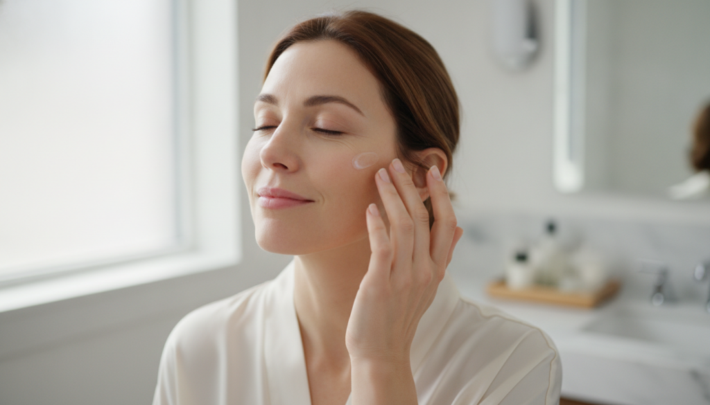 A woman gently massaging a small amount of the DIY glow gel onto her cheekbone demonstrating application