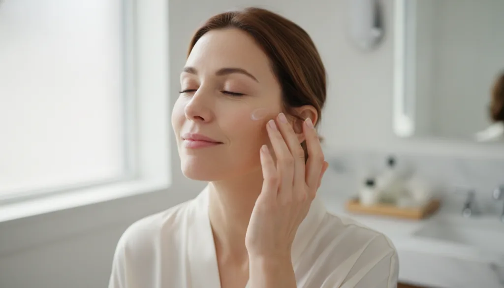 A woman gently massaging a small amount of the DIY glow gel onto her cheekbone demonstrating application