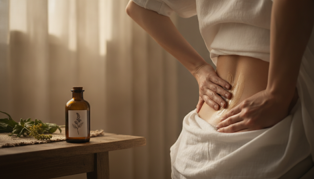 A person is gently massaging Mullein-infused oil onto their lower back demonstrating the topical application for pain re