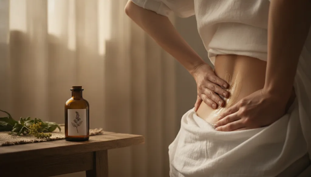 A person is gently massaging Mullein-infused oil onto their lower back demonstrating the topical application for pain re