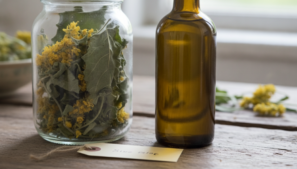 Dried Mullein leaves and flowers are placed in a glass jar next to a bottle of olive oil ready for infusion The setting 