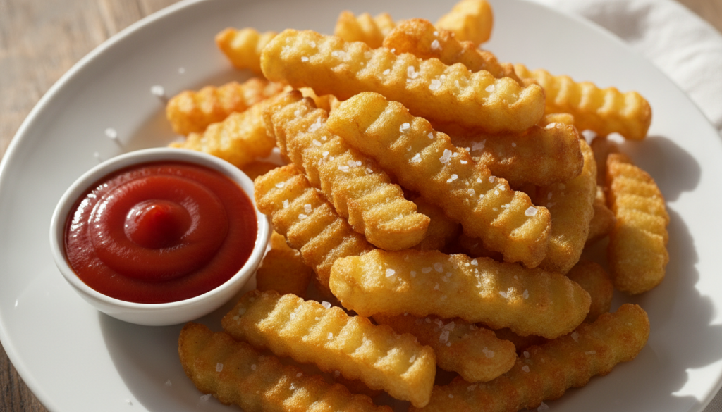 A pile of golden crispy homemade French fries on a white plate seasoned with salt with a small bowl of ketchup on the si