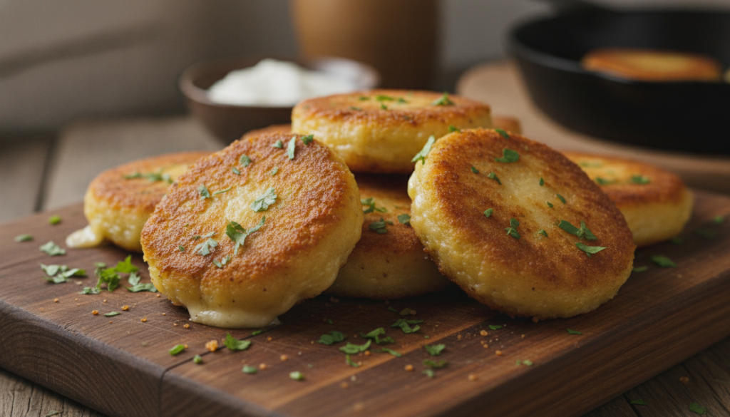 Golden brown oval-shaped cheesy potato cutlets on a wooden board garnished with fresh cilantro and a lime wedge
