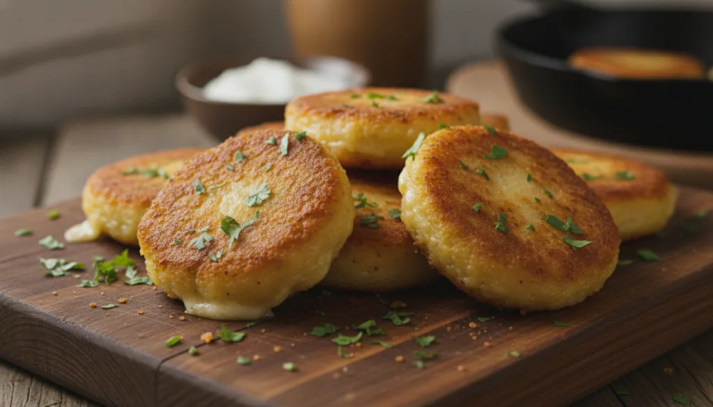 Golden brown oval-shaped cheesy potato cutlets on a wooden board garnished with fresh cilantro and a lime wedge