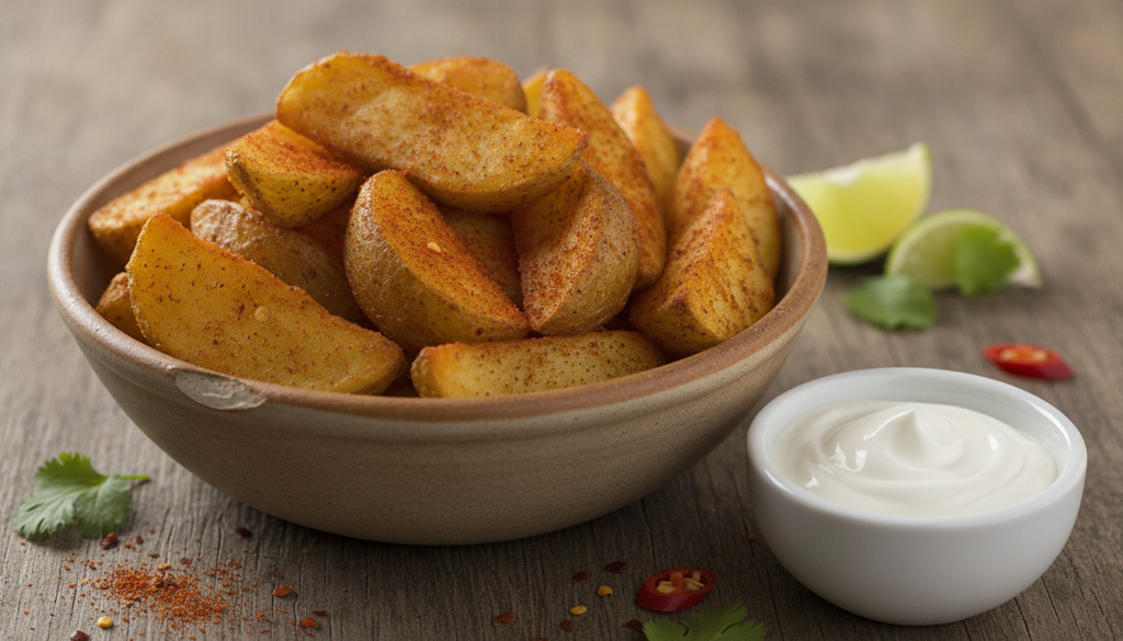 Crispy oven-baked potato wedges seasoned with red chili flakes and herbs served in a rustic bowl with a side of sour cre