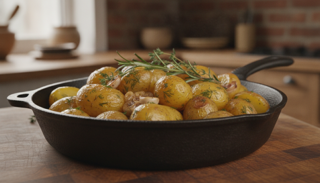 Rustic oven-roasted potato chunks seasoned with fresh rosemary and garlic served in a cast iron skillet