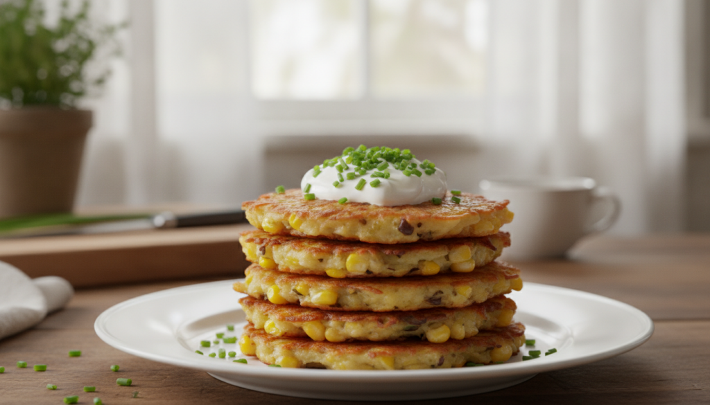 Golden brown potato and corn fritters stacked on a plate garnished with a dollop of sour cream and fresh chives