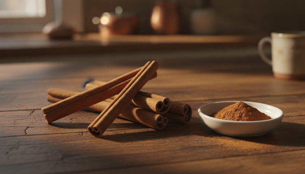 Cinnamon sticks and ground cinnamon powder in a small dish