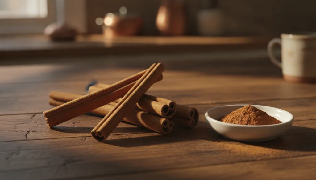 Cinnamon sticks and ground cinnamon powder in a small dish