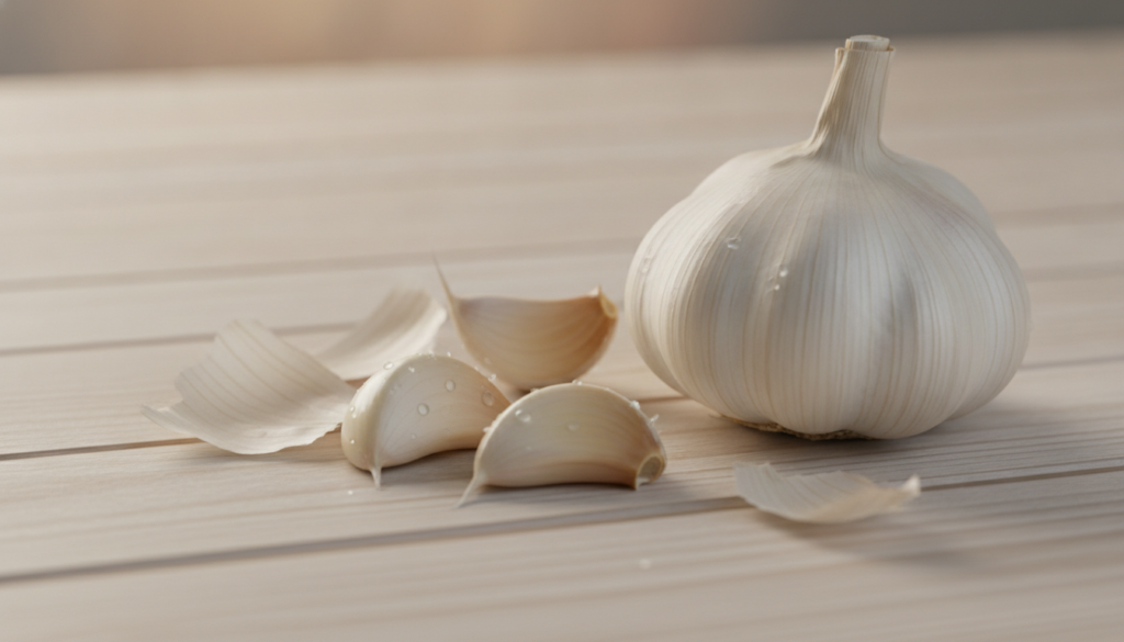 Fresh garlic cloves peeled and unpeeled alongside a bulb of garlic on a light background