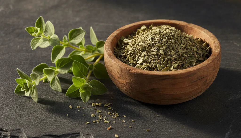 Dried oregano leaves in a small wooden bowl with fresh oregano sprigs beside it