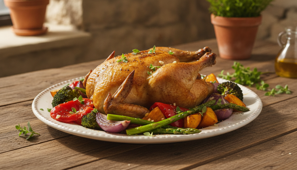 A delicious and healthy meal incorporating garlic oregano and cinnamon such as roasted chicken and vegetables