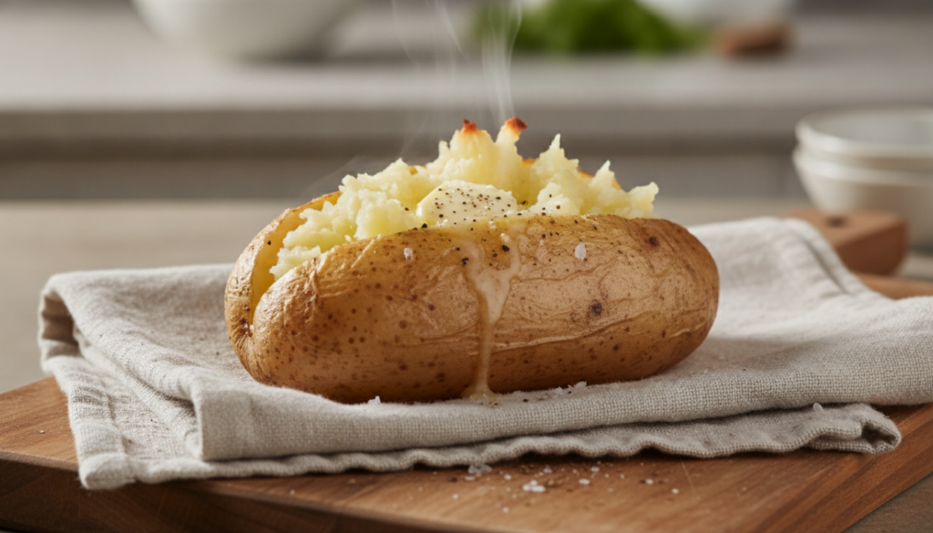 A single perfectly baked russet potato split open and fluffed ready for toppings resting on a clean kitchen towel