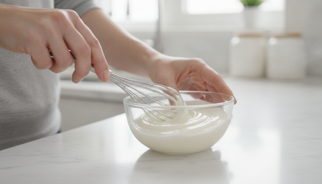 A person s hands mixing the ingredients in a small glass bowl with a mini whisk The bowl contains a white glossy mixture
