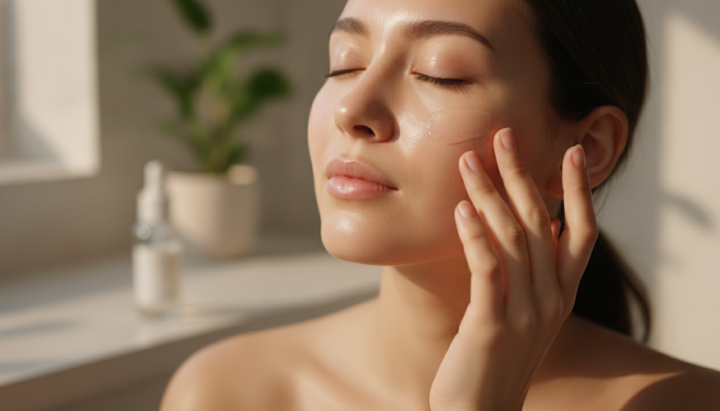 A person gently applying a small amount of the glossy night gel to their cheek with their fingertips showcasing a smooth