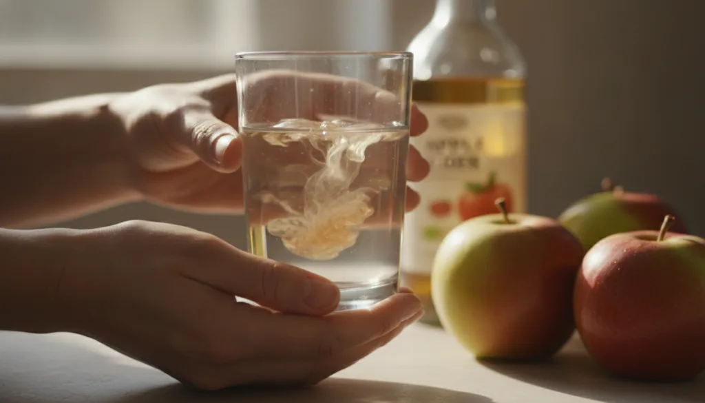 A person s hands holding a glass of water with a splash of apple cider vinegar with fresh apples and a bottle of ACV blu