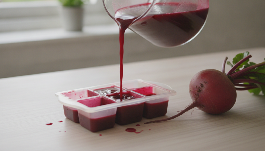 Vibrantly red beetroot juice being poured into an ice cube tray with a fresh whole beetroot and some rose petals visible