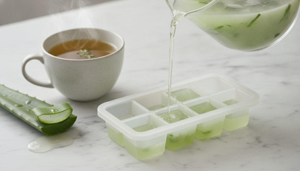 Green tea with aloe vera gel mixture being poured into an ice cube tray with a cup of freshly brewed green tea and a cut